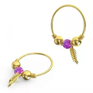 9K Yellow Gold Opal Bead with Leaf Charm Nose Hoop Ring