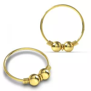 9K Yellow Gold Spring Coil end with Gold Beaded Center Nose Hoop Ring
