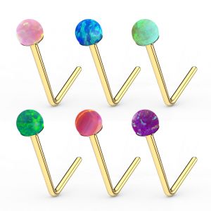 9K yellow Gold L-Shape Opal Stone Nose Stud