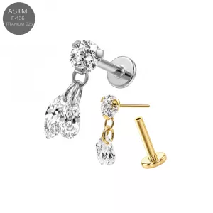ASTM F-136 Titanium Duo Drop CZ Dangle Threadless Labret (18G/16G)
