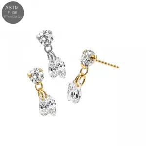 ASTM F-136 Titanium Duo Drop CZ Dangle Threadless Top | Universal 18G/16G Fit