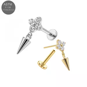 ASTM F-136 Titanium Four-Petal Crystal Flower with Cone Spike Dangle Threadless Labret (18G/16G)