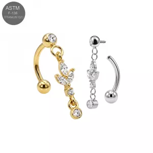 ASTM F-136 Titanium Marquise Leaf Cluster Dangle Internal Thread Curved Barbell | 16G