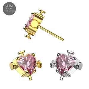 ASTM F-136 Titanium Pierced Pink Heart CZ with Nail Accents Threadless Top – Universal 18G/16G Fit