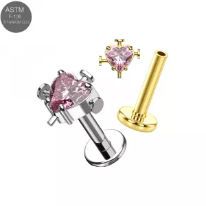 ASTM F-136 Titanium Pierced Pink Heart CZ with Nail Accents Threadless Labret (18G/16G)