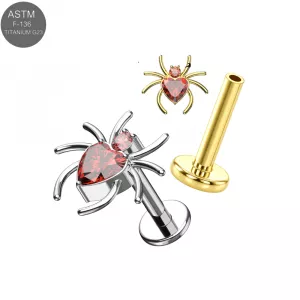 ASTM F-136 Titanium Red Heart CZ Spider Threadless Labret (18G/16G)