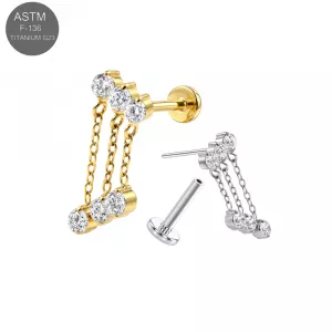 ASTM F-136 Titanium Triple Round CZ with Triple Chain Drop CZ Dangle Threadless Labret (18G/16G)