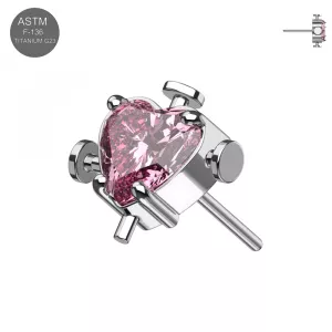 ASTM F-136 Implant Grade G23 Titanium Threadless Nailed Pink Heart CZ Top
