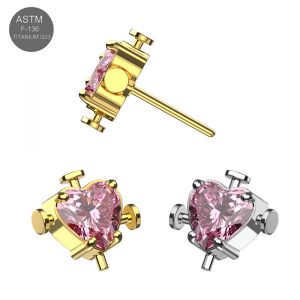 ASTM F-136 Implant Grade G23 Titanium Threadless Nailed Pink Heart CZ Top
