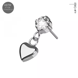 ASTM F-136 Implant Grade G23 Titanium Threadless Round CZ with Heart Dangle Top