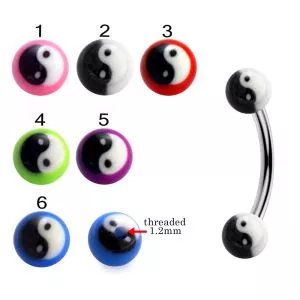 316L Surgical Steel Eyebrow Banana With Hand Painted Ying Yang Design UV Balls