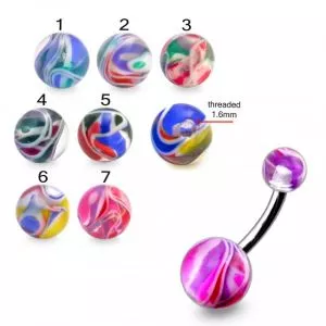 316L Surgical Steel Banana Belly Bar With Hand Painted Marble Color UV Balls