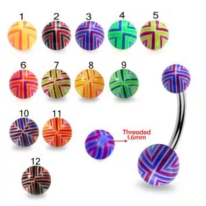 316L Surgical Steel Banana Belly Bar With Fancy Stripe Colorful Hand Painted UV Balls