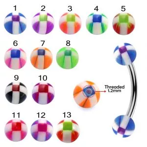 316L Surgical Steel Eyebrow Banana With Stripe Checker UV Ball