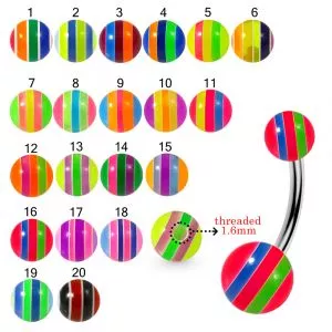316L Surgical Steel Banana Belly Bar With Hand Painted Multi Color and Line UV Balls