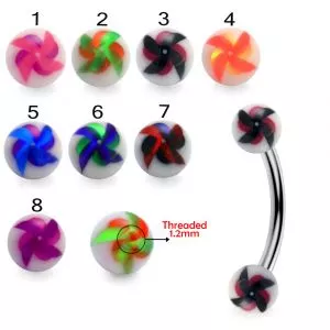 316L Surgical Steel Eyebrow Banana With Colorful Windmill Painted UV Ball