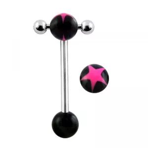 Tongue Barbell with UV Ball With Pink Star In 316L SS