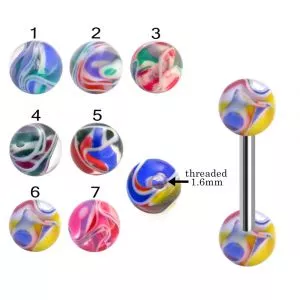 316L Surgical Steel Tongue Barbell With Hand Painted Marble Color UV Balls