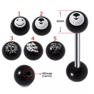 SS Tongue Barbell with Logo UV Black Ball Top and Plain Black UV Ball Base
