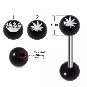 SS Tongue Barbell with Logo UV Top Black Ball and Plain Black UV Ball Base