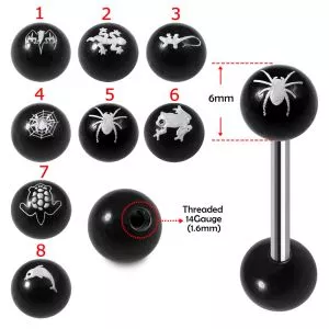 SS Tongue Barbell with Laser Printed Bat UV Logo Ball Top and Plain Black UV Ball Base