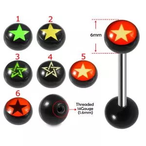 SS Tongue Barbell with UV Stars Logo Ball Top and Plain Black UV Ball Base
