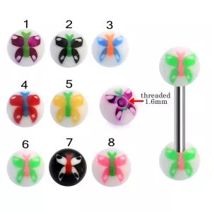 316L Surgical Steel  Tongue Barbell With Butterfly UV Balls
