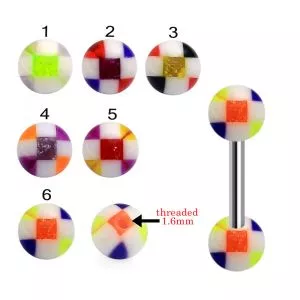 316L Surgical Steel Tongue Barbell With Checked Design UV Balls