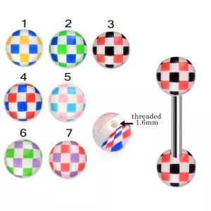 316L Surgical Steel Tongue Barbell With Checked Design UV Balls