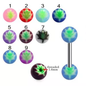 316L Surgical Steel Tongue Barbell With Centered Leaf Design UV Balls