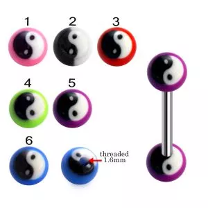 316L Surgical Steel Tongue Barbell With  Hand Painted Ying Yang Design UV Balls