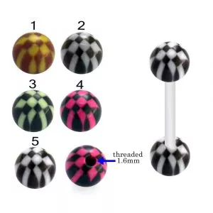 Bio Flex Tongue Barbell With Checked Design UV Balls