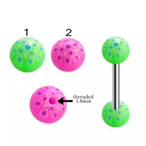316L Surgical Steel Tongue Barbell With Tribal Design UV Balls