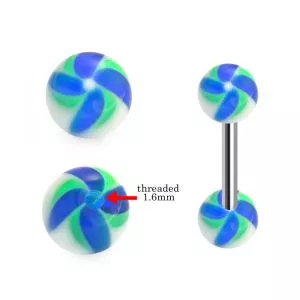316L Surgical Steel Tongue Barbell With Dark Blue color Pin Wheel Design UV Balls