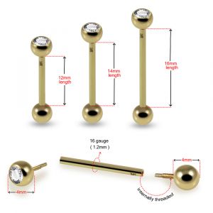 14K Yellow Gold Straight Barbell With CZ Jeweled Top