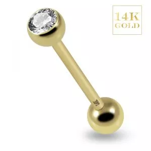 14K Yellow Gold Straight Barbell With CZ Jeweled Top