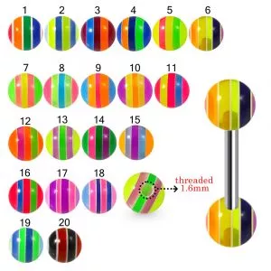 316L Surgical Steel Tongue Barbell With Hand Painted Multi Color and Line UV Balls