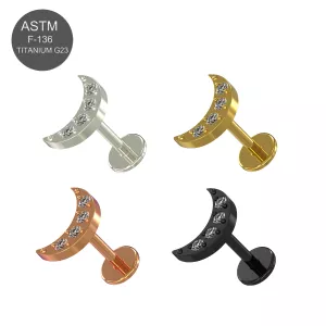 G23 Grade Titanium CZ Jeweled Crescent Tragus Top Push Fit With Flat Back Labret