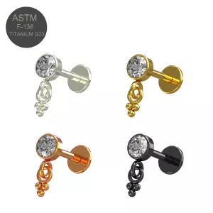 G23 Grade Titanium CZ Jeweled Tragus Top Push Fit Triple Dangling Balls With Flat Back Labret