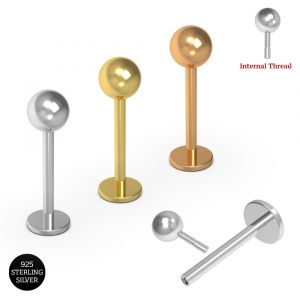 925 Sterling Silver Internally Threaded Labret Piercing Bar with Ball 