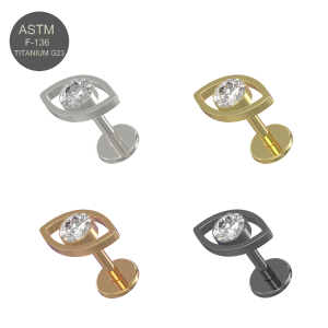 G23 Grade Titanium Single Jeweled Evil Eye Design Tragus Top Push Fit With Flat Back Labret