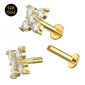 14K Gold Cruciform Flowers CZ Stone With Flat Back Labret