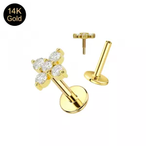14K Solid Gold Internally Threaded 4-Petal Clover Flower Labret | 16G