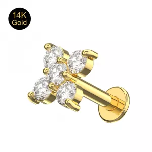 14K Gold Cruciform Flowers CZ Stone With Flat Back Labret