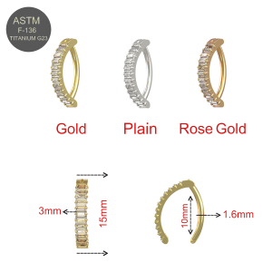 G23 Grade Titanium Vertical Baguette CZ Crystal Lined Hinged Curved Bar Belly Button Ring