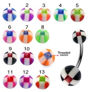 316L Surgical Steel Banana Belly Bar With Stripe Checker UV Ball