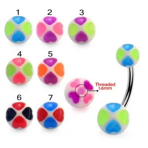 316L Surgical Steel Banana Belly Bar With Flower Heart UV Balls