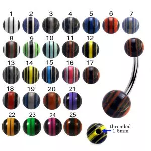 316L Surgical Steel Banana Belly Bar With Multi Stripe UV Balls