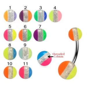 316L Surgical Steel Banana Belly Bar With Centered glitter with colorful UV Balls