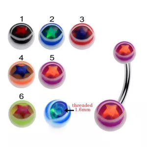316L Surgical Steel Banana Belly Bar With Star Design UV Balls